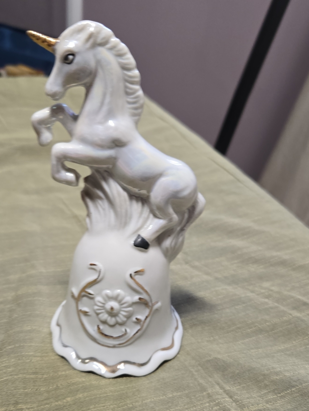 Vintage Rare White Unicorn Porcelain Bell With Gold Accent